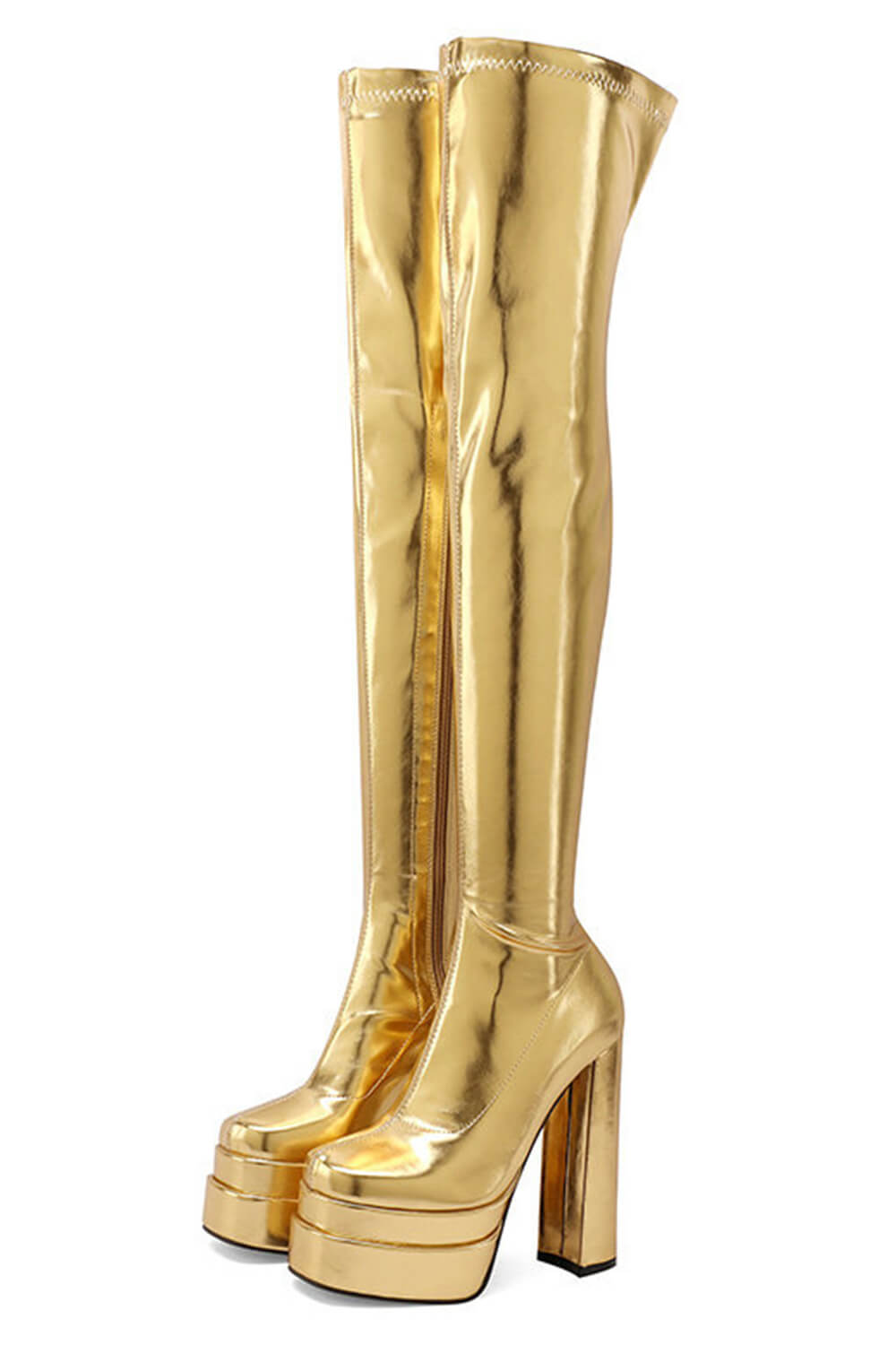 Metallic Faux Leather Double Platform Block Heel Thigh High Boots - Gold