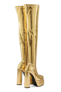 Metallic Faux Leather Double Platform Block Heel Thigh High Boots - Gold