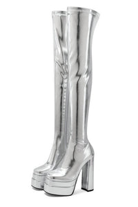 Metallic Faux Leather Double Platform Block Heel Thigh High Boots - Silver
