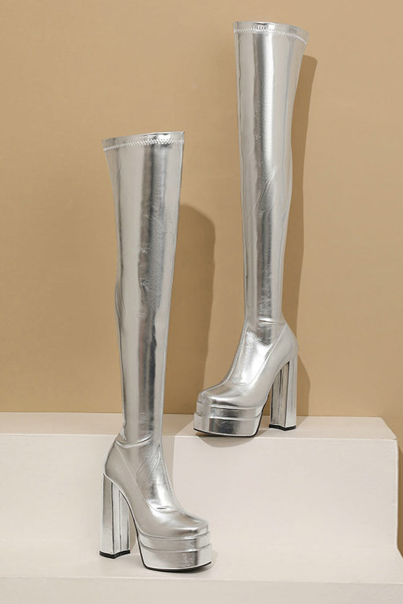 Metallic Faux Leather Double Platform Block Heel Thigh High Boots - Silver