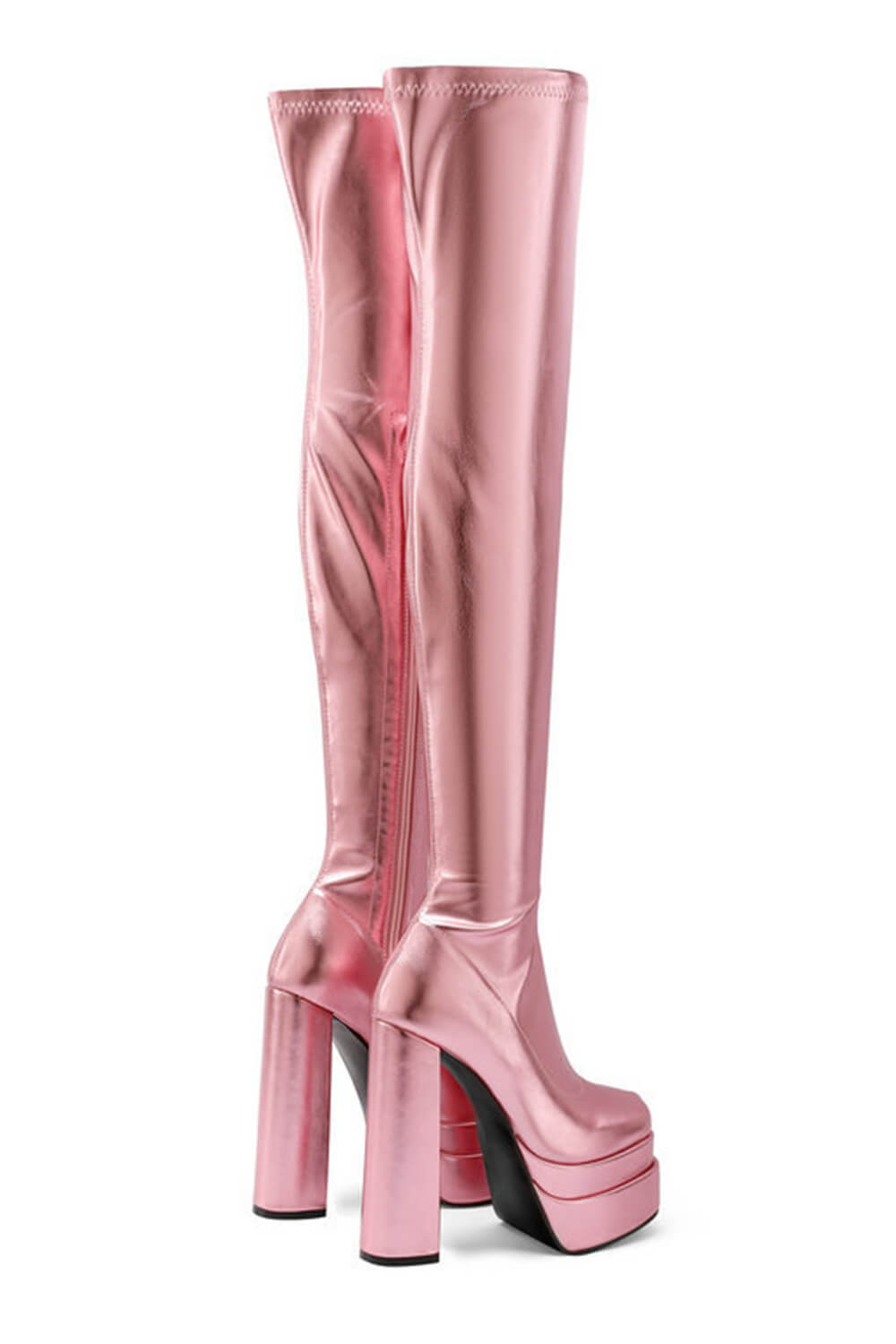 Metallic Faux Leather Double Platform Block Heel Thigh High Boots - Pink