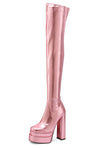 Metallic Faux Leather Double Platform Block Heel Thigh High Boots - Pink