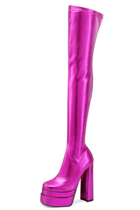 Metallic Faux Leather Double Platform Block Heel Thigh High Boots - Hot Pink