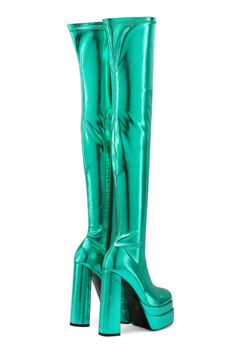 Metallic Faux Leather Double Platform Block Heel Thigh High Boots - Green