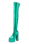 Metallic Faux Leather Double Platform Block Heel Thigh High Boots - Green