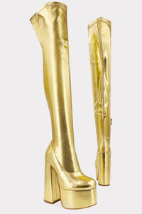 Metallic Faux Leather Platform Block Heel Thigh High Boots - Gold