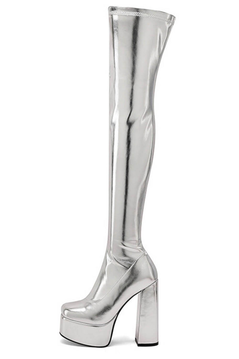 Metallic Faux Leather Platform Block Heel Thigh High Boots - Silver