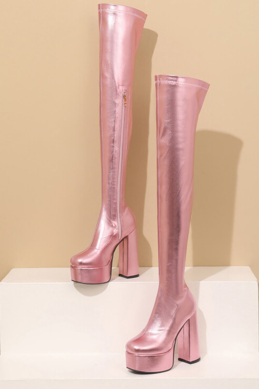 Metallic Faux Leather Platform Block Heel Thigh High Boots - Pink