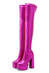 Metallic Faux Leather Platform Block Heel Thigh High Boots - Hot Pink