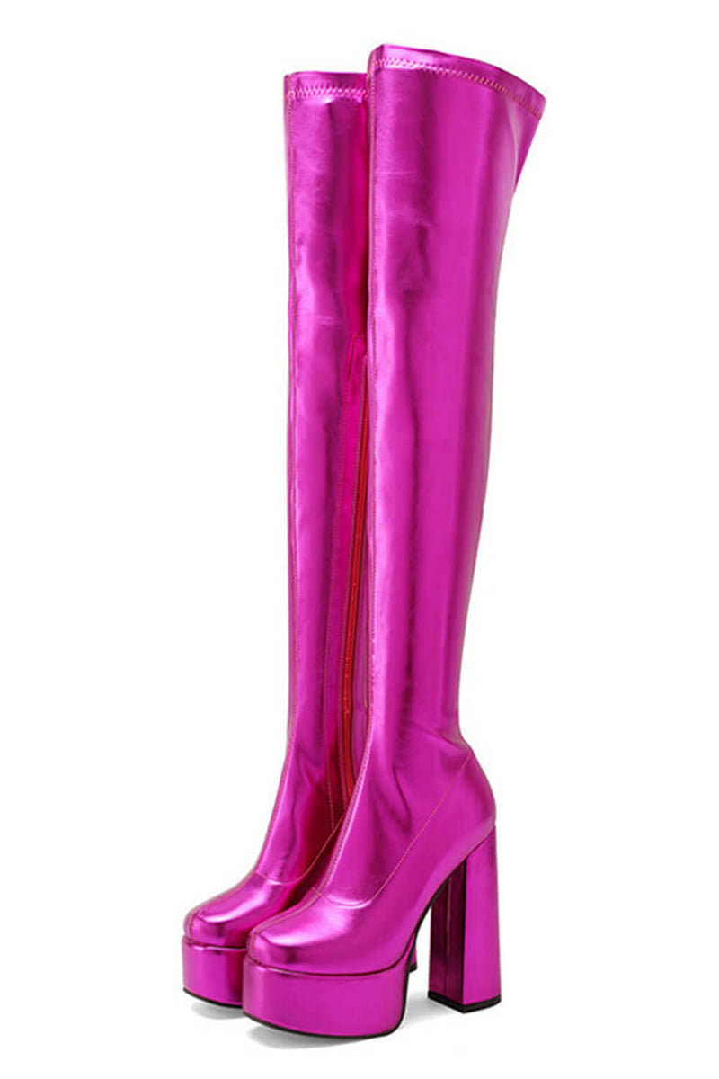 Metallic Faux Leather Platform Block Heel Thigh High Boots - Hot Pink