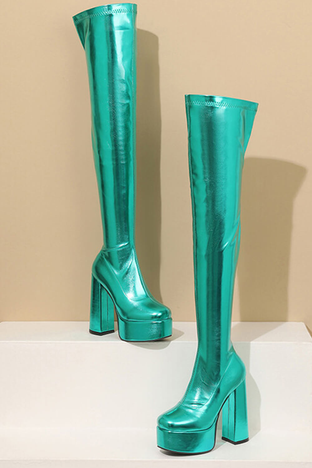 Metallic Faux Leather Platform Block Heel Thigh High Boots - Green