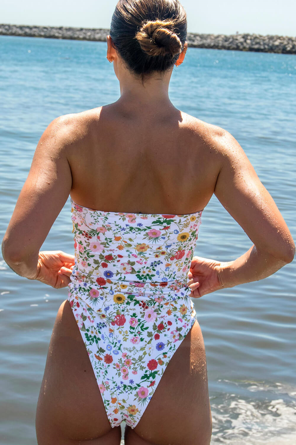 Floral Strapless High Cut One Piece Swimsuit
