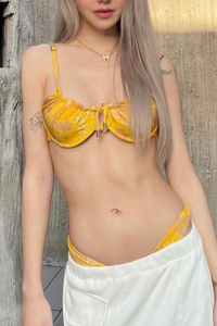 Yellow Floral Ruched Underwire Balconette High-Cut Bikini Set