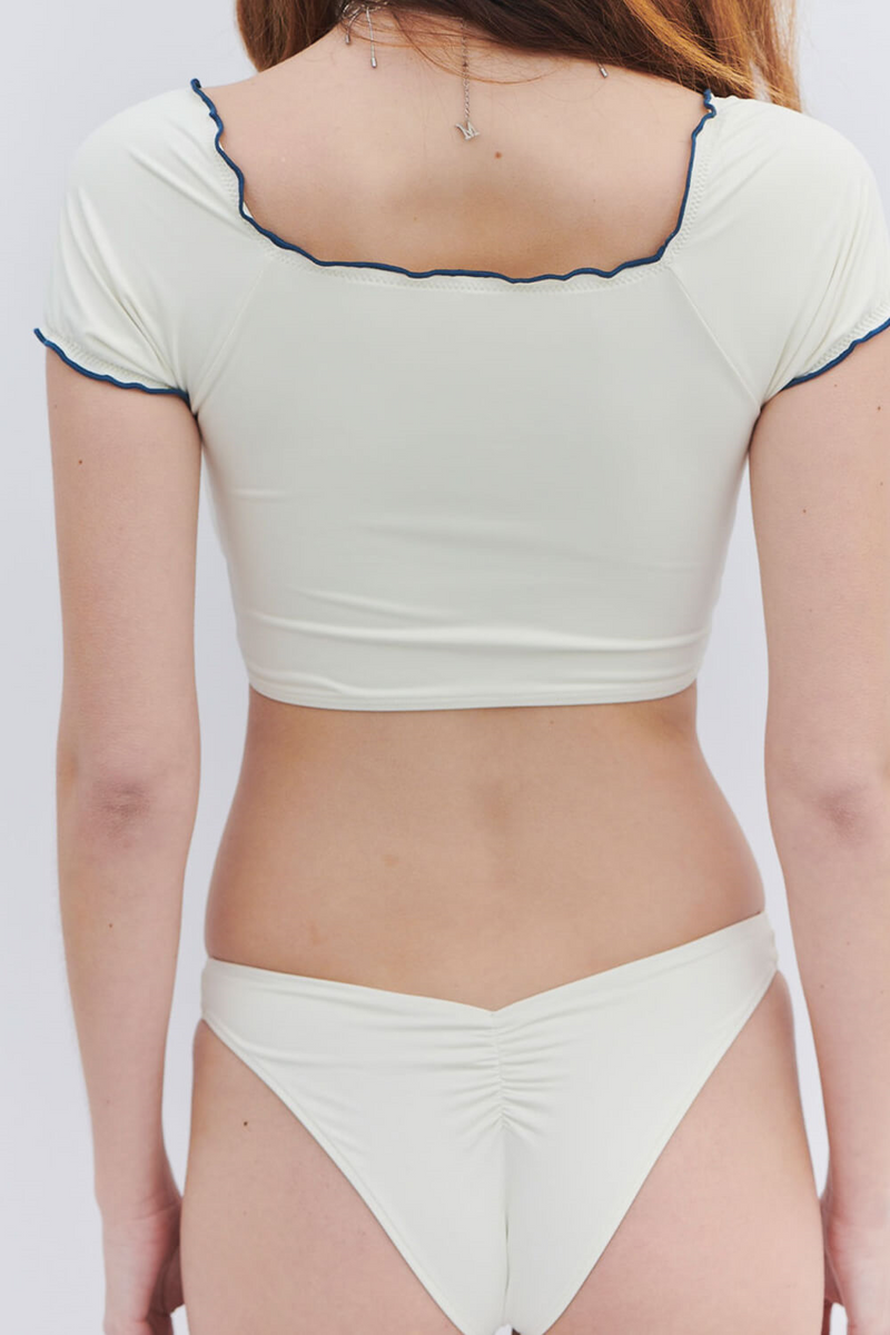Short Sleeve Crop Top Tie Front High-Cut Bikini Set - White Blue