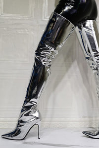 Patent Pointed Toe Thigh High Stiletto Heel Boots - Silver