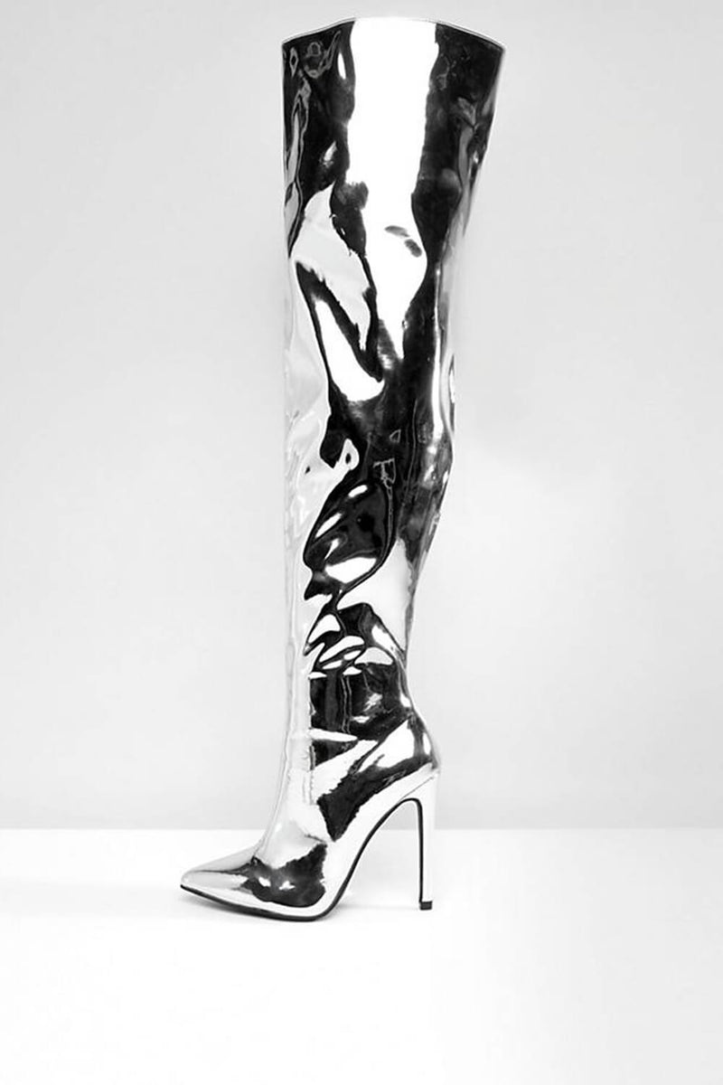 Patent Pointed Toe Thigh High Stiletto Heel Boots - Silver