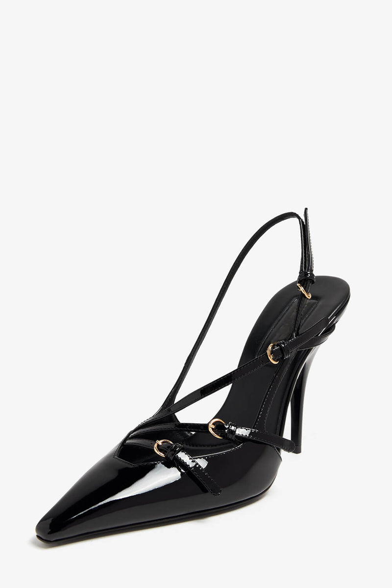 Buckle Patent Pointed Toe Sling Back Court Shoes - Black