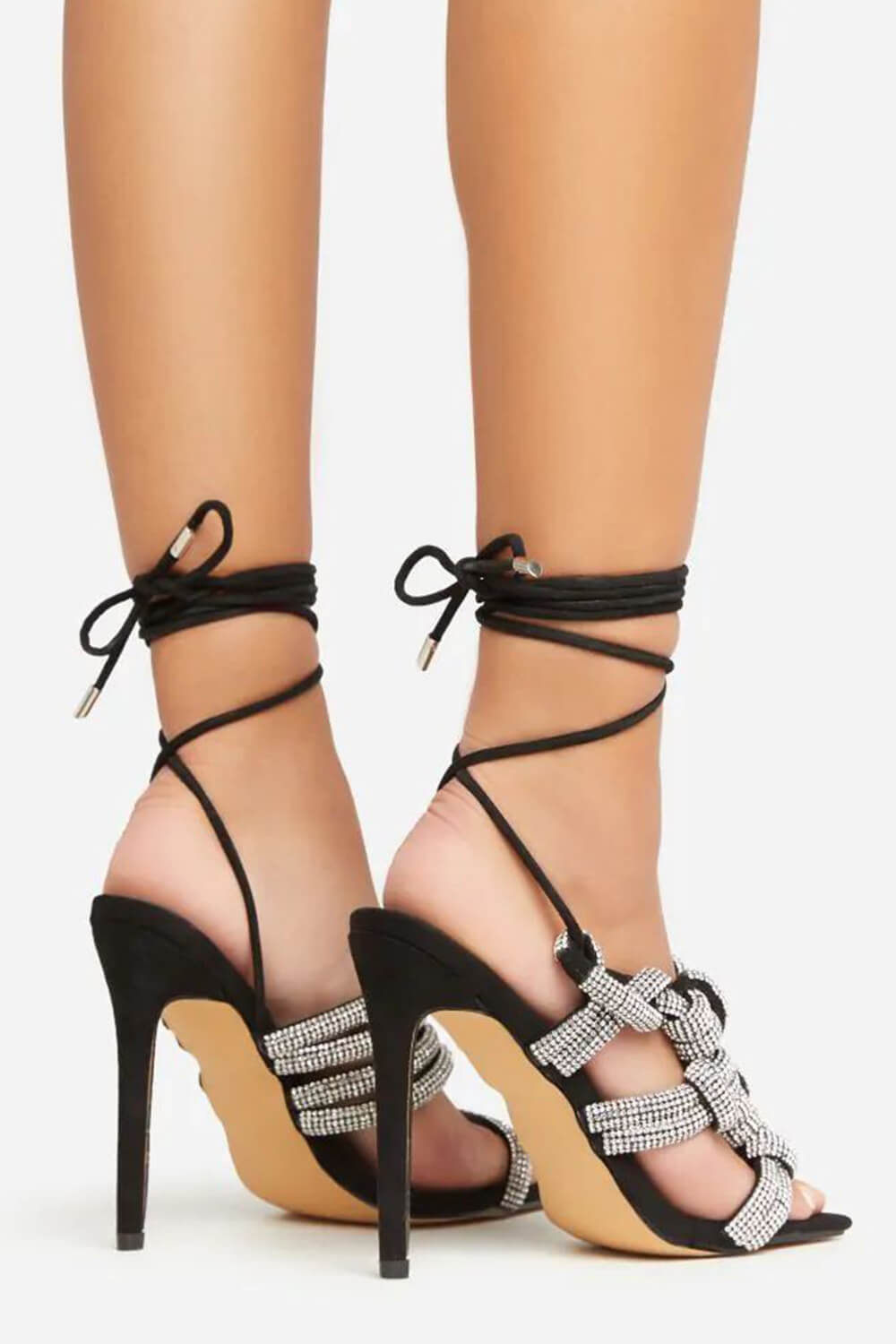Faux Leather Lace Up Diamante Knotted Strap Detail Square Toe Stiletto Heel