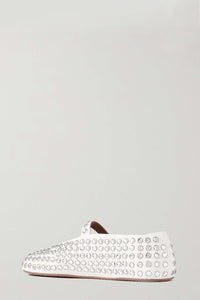 Faux Leather Crystal-Embellished Buckled Ballet Flats - White