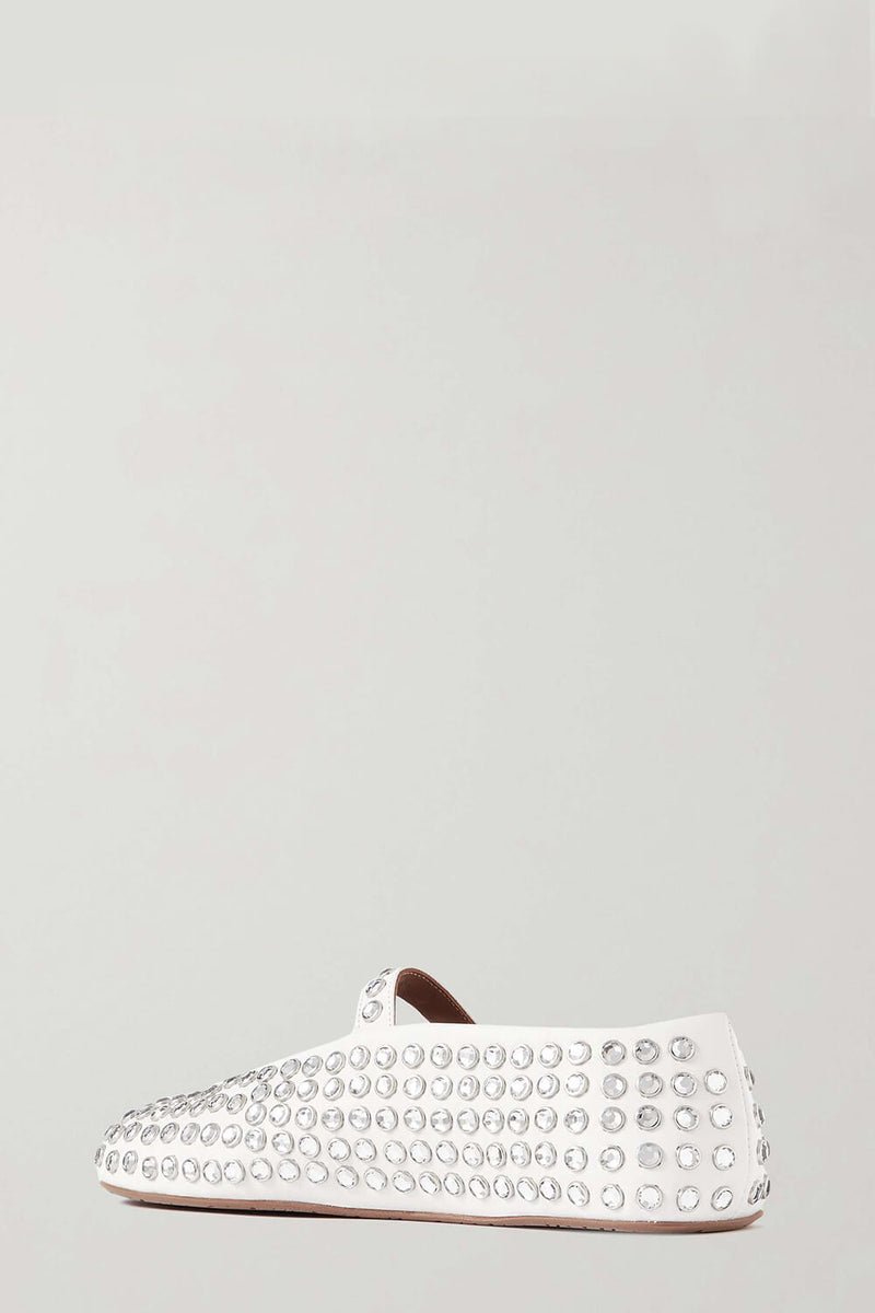Faux Leather Crystal-Embellished Buckled Ballet Flats - White