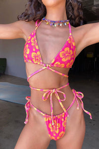 Hibiscus Print Halter String Wrap Around Triangle Bikini Set