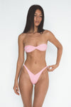 Pink Ruched Strapless Bandeau High-Leg Bikini Set
