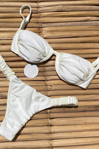 Balconette Underwire Elastic Ruched High Leg Bikini Set - White
