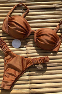 Balconette Underwire Elastic Ruched High Leg Bikini Set - Rust