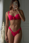 Rose Applique Underwire Bralette High Leg Bikini Set - Red
