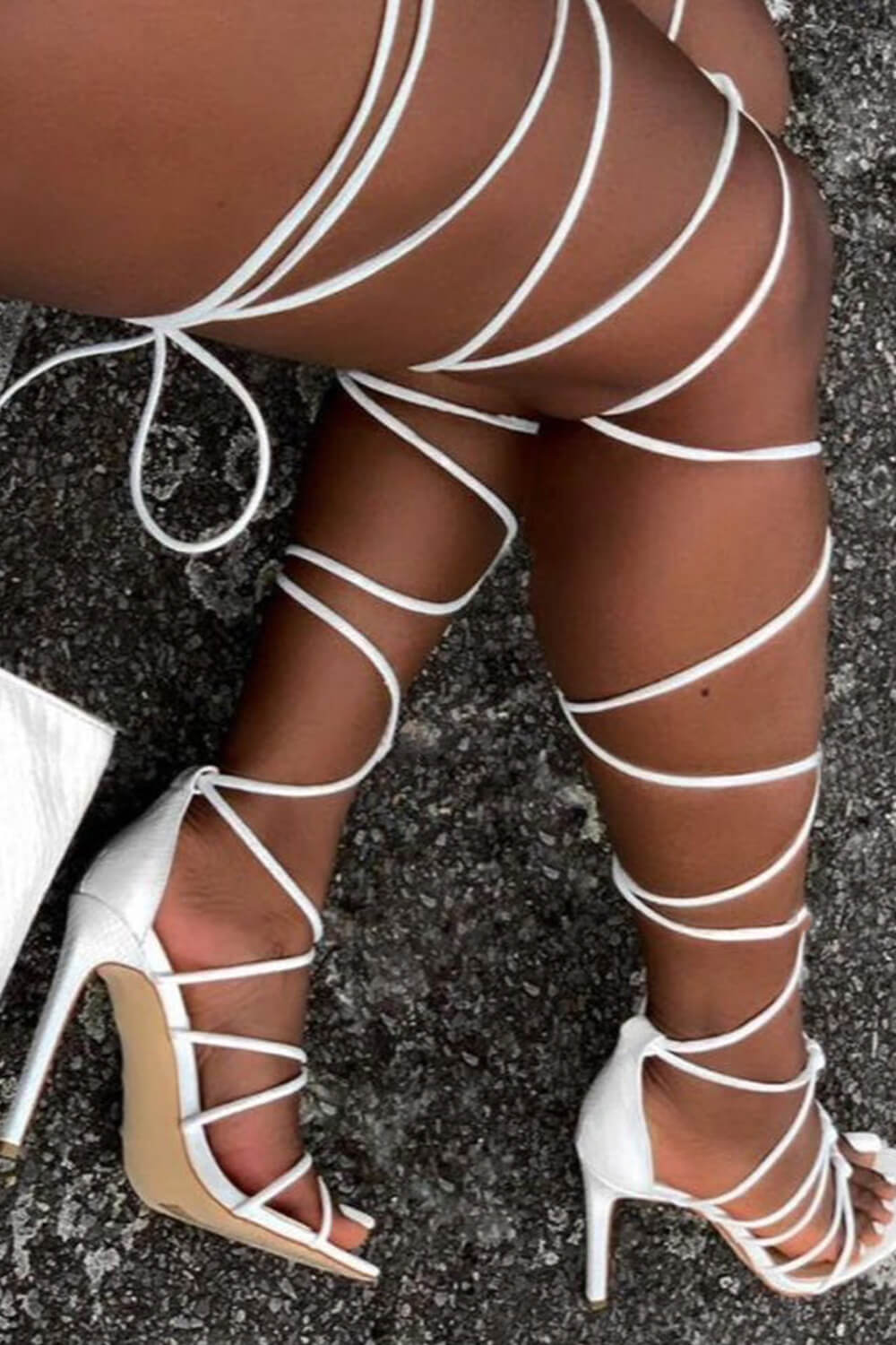 Lace-Up Over Knee Knot Stiletto Heels - White