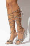 Lace Up Diamante Bow Square Toe Clear Perspex Heel