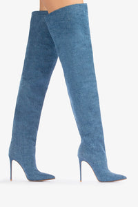 Blue Denim Pointed Toe Thigh High Stiletto Boots