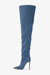 Blue Denim Pointed Toe Thigh High Stiletto Boots