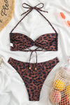 Halterneck Twist Front Strappy Bikini Set - Leopard Print