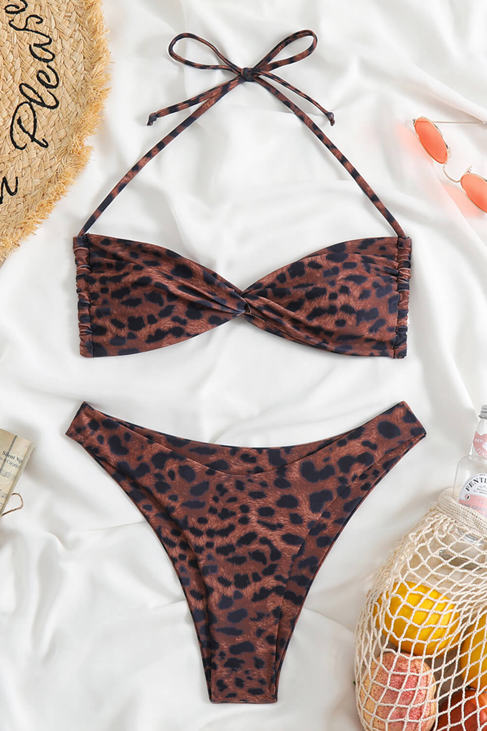 Halterneck Twist Front Strappy Bikini Set - Leopard Print
