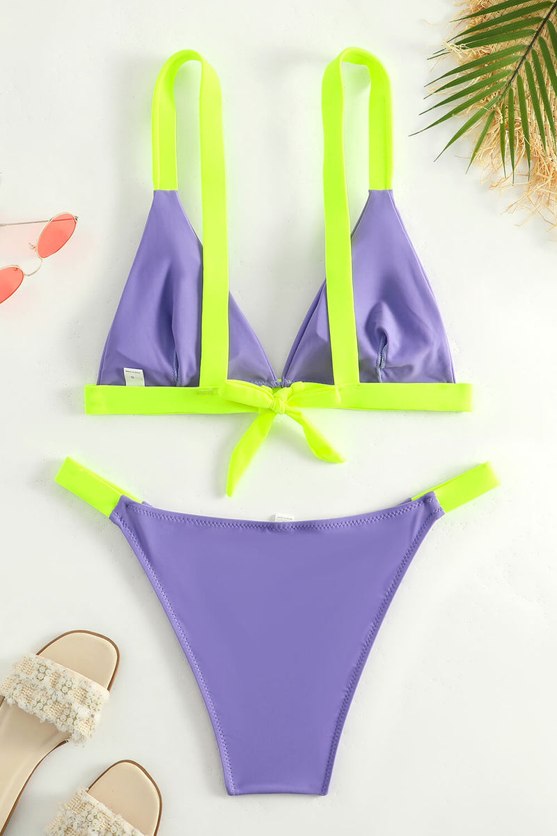 Color Block Triangle Bikini Set - Lilac & Neon Yellow