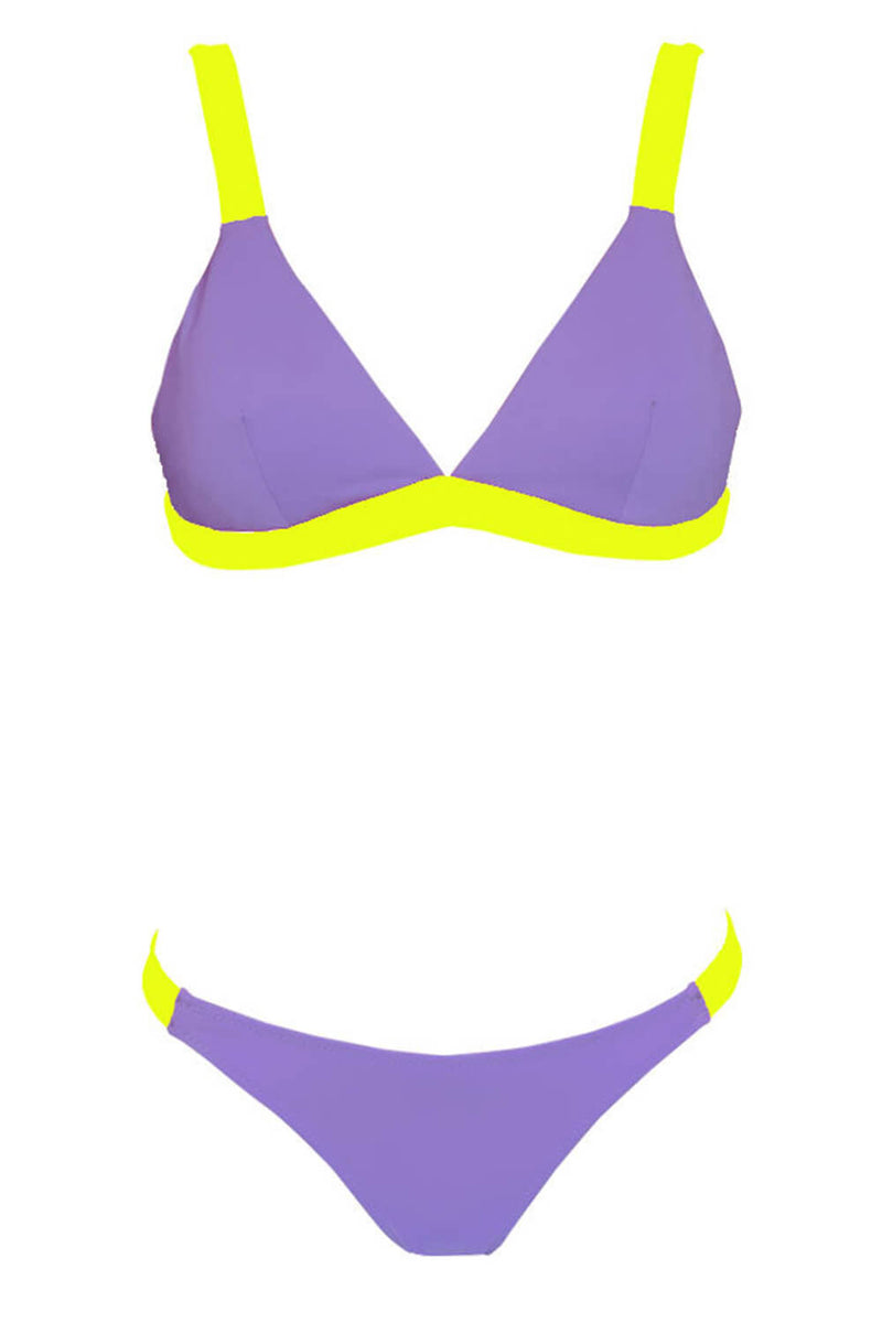 Color Block Triangle Bikini Set - Lilac & Neon Yellow