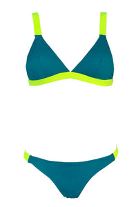 Color Block Triangle Bikini Set - Green & Neon Yellow
