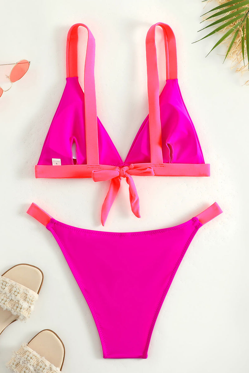 Color Block Triangle Bikini Set - Fuchsia & Neon Pink