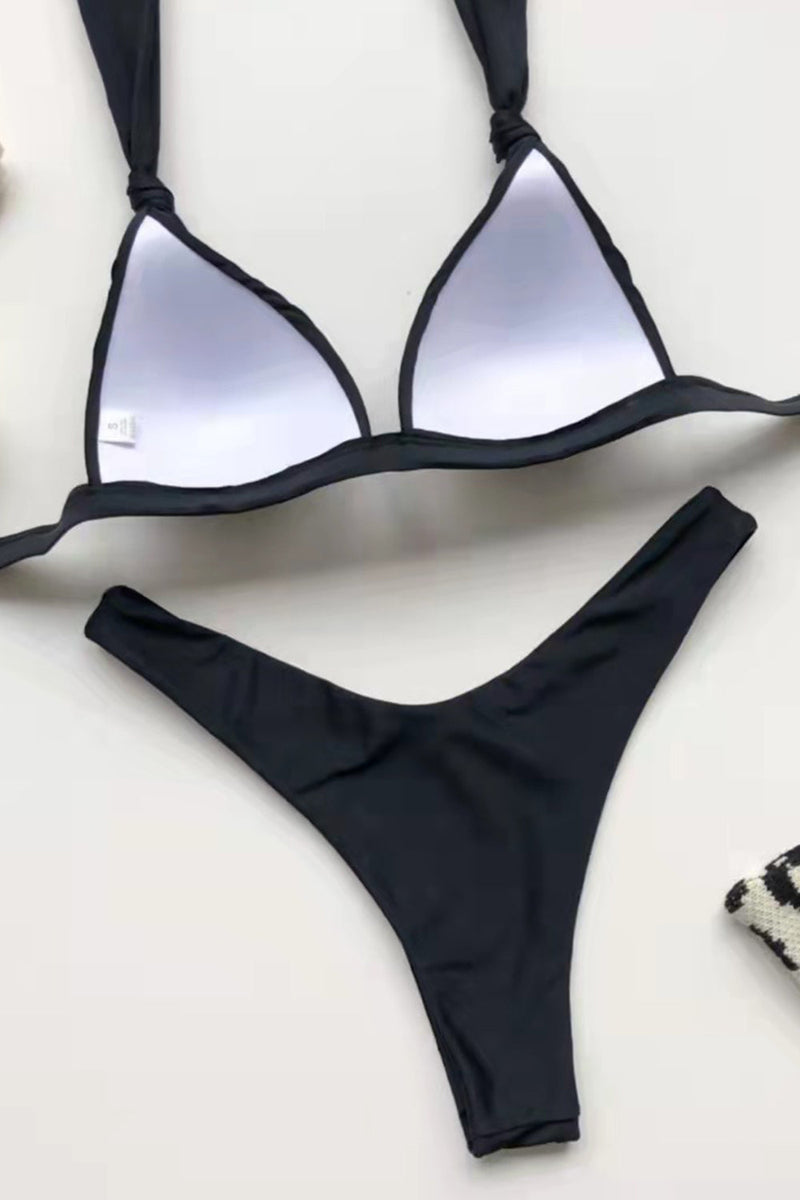Knotted Triangle Halterneck Ruched Underwire High-Cut Bikini Set - Black