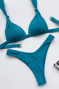 Knotted Triangle Halterneck Ruched Underwire High-Cut Bikini Set - Teal