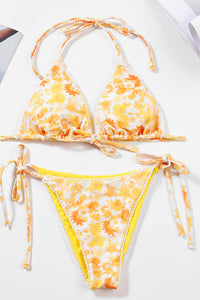 Floral Print Picot Trim Triangle Halter Tie Side Bikini Set - Yellow
