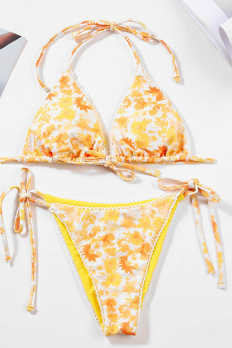 Floral Print Picot Trim Triangle Halter Tie Side Bikini Set - Yellow
