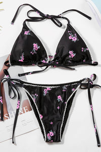 Floral Print Picot Trim Triangle Halter Tie Side Bikini Set - Black