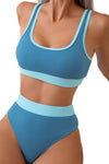Color Block Rib Sporty High Waisted Bikini Set - Blue