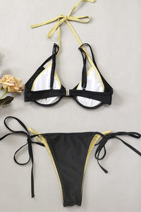 Contrast Layered Triangle Underwire Tie Side Bikini Set - Black & Gold Shimmer