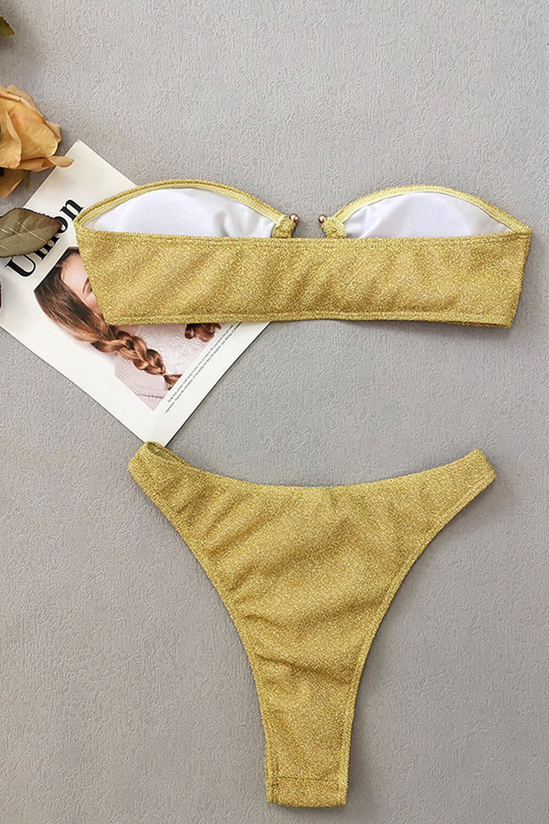 Gold Shimmer Bandeau Bikini Set With Ring Details