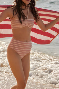 Striped Bandeau Halterneck High-Waisted Bikini Set - Pink