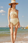 Striped Bandeau Halterneck High-Waisted Bikini Set - Yellow