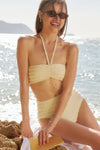 Striped Bandeau Halterneck High-Waisted Bikini Set - Yellow